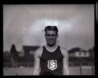 Track star Otto Anderson in U.S.C. track tank top, Los Angeles, 1922-1926