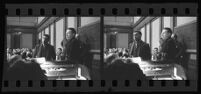 Robert S. James, convicted in Lois Wright morals case and suspect in Mary Emma James murder case, at sentencing, with lawyer Samuel Silverman, 2 filmstrip images, Los Angeles, 1936