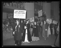 International Ladies' Garment Workers' Union members dressed in evening gowns picket the Biltmore Hotel in Los Angeles, Calif., 1940