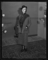 Louise Brien models outerwear set at the Times' fashion show, Los Angeles, 1935