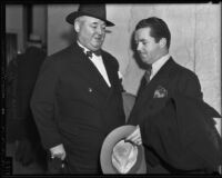 Jim Timony and Attorney John Glover after Timony's arrest over obscenity charges, Hollywood, 1936