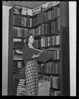 Joyce McGovern in the library of Whittier College, Whittier, 1935