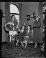 Harriet Calder of the Assistance League Nine O'clock Players in costume as a knight, Los Angeles, 1936