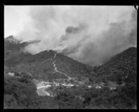 Griffith Park brush fire, viewed from the park's Western Avenue entrance, Los Angeles, 1929