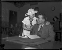 Pete Schneider and Alma Schneider appear in court, Los Angeles, ca. 1935