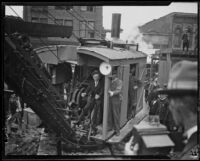 Mayor George E. Cryer operates machinery at City Hall groundbreaking, Los Angeles, 1926