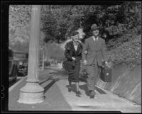 Gordon Jones and Lucile Van Winkle, walking hand-in-hand after announcing their engagement, Los Angeles, 1935