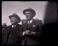 Former district attorney Asa Keyes at train station upon his arrival back home from prison, Glendale, 1931