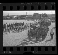 Teams of boys taking part in Los Angeles County junior lifeguard competition at Redondo Beach, Calif., 1968