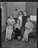 A gathering of Wilshire Juniors Helen Salle, Mrs. Ralph W. Mather, Kay Salle, Mrs. Milton M. Edwards, and Mrs. Paul O. Gunther, Los Angeles, 1936