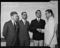 Peirson M. Hall welcomes Francis C. Whalen, Edward H. Mitchell, and Howard V. Calverly into their new positions, Los Angeles, 1935