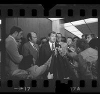 Egil (Bud) Krogh Jr. talking to reporters at Los Angeles County Courthouse, 1973