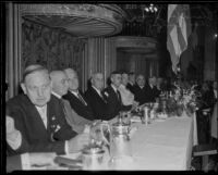 John C. Porter, Frank Merriam, Harry Chandler, James Rolph, and Charles Curtis at a Biltmore Hotel banquet, Los Angeles, 1932-1934