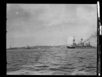 Los Angeles Harbor with navy shipps as seen from water looking toward shore, San Pedro