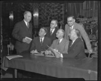 A.C. Roberts, T.W. McQuarrie, Frank W. Thomas, Vierling Kersey, Walter R. Hepner, and Arthur S. Gist meet at an educational conference, Los Angeles, 1936