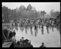 Long Beach Municipal Band with horn players and drummers in the Tournament of Roses Parade, Pasadena, 1934