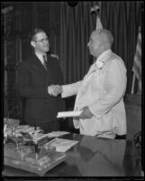 Gordon L. McDonough shaking hands with Governor James Rolph, (probably) Sacramento, circa 1933-1934