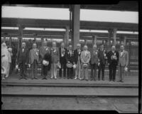 Governors James Rolph, Paul V. McNutt, George White, C. Ben Ross, Theodore F. Green, Guy B. Park, F. H. Cooney, Wilbur L. Cross, John G. Winant, Ibra C. Blackwood, and George H. Dern gather with William Stephens at the train station, Los Angeles, 1933