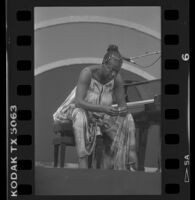 Nina Simone sits at piano bench during Playboy Jazz Festival performance at the Hollywood Bowl, 1986