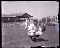 Catcher Leo Combe of the Los Angeles Angels at training, Long Beach, 1924