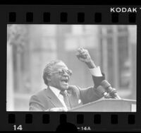 South African Anglican Bishop Desmond Tutu making speech in Los Angeles, Calif., 1986