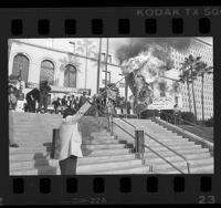 Burning of Soviet flag at demonstration against Soviet troops in Afghanistan, Los Angeles, 1986