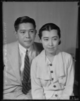 Newlyweds Shintaro Fukushima, Japanese Vice-Consul, and Chiyo Fukushima, sitting together in new home, Los Angeles, 1935