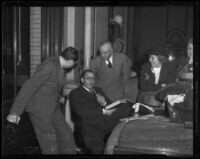 Jerry Giesler, Buron Fitts, William E. Simpson, and Marion Fitts at perjury trial, Los Angeles, 1936