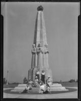 Mrs. Thomas, Mrs. Fields, Geraldine Kaiser, Mae Delano, Hortense Fisher, Lula Drake, Mrs. Harrison, and Mrs. Shaw of the West Adams Women's Club at Griffith Park Observatory, Los Angeles, 1935