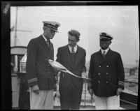 Charles Swett, Dr. John Garth and G. Allan Hancock on a yacht upon their return from an expedition to the Galapagos Islands, Los Angeles, 1932