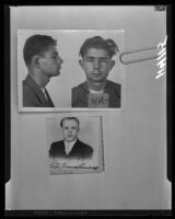 Mugshot of Ralph Muller and portrait of Peter Kamenoff, the two men suspected of bombing the Fountain of the World headquarters. A. 1958