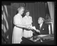 Lona Peterson, Dorothea Hansen, and Harold A. Henry, City Hall, Los Angeles, 1947