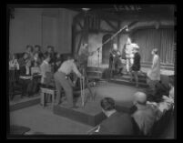 Students in "170 Productions" laboratory at UCLA, perform and film Shakespeare's Richard II as audience watches, 1947