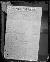 Hotel register used as evidence during the Aimee Semple McPherson abduction trial, 1926