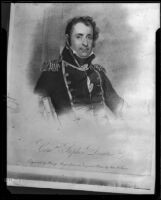 Engraved portrait of Commodore Stephen Decatur displayed aboard the USF Constitution, San Pedro, 1933