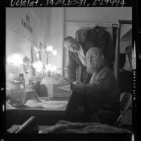 T. W. Braun and Morris Carnovsky in dressing room at Los Angeles' Pilgrimage Theater on opening night of "King Lear," 1964