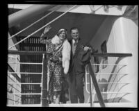 David Hutton and Aimee Semple McPherson return from their honeymoon, Los Angeles, circa 1932