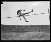 U.S.C. high jumper attempts a jump during the U.S.C. and Occidental dual track meet, Los Angeles, [1926]