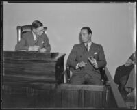 Coroner Frank Nance and Hal Le Sueur at inquest, Los Angeles, 1935