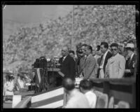 Vice-President Charles Curtis speaking at the opening of the Tenth Olympic Games at the Coliseum, Los Angeles, 1932