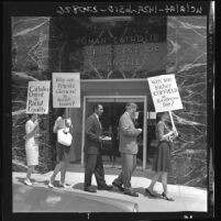 Pickets from Catholics Unified for Racial Equality march at the Roman Catholic Chancery in Los Angeles, Calif., 1963