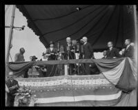 Mr. and Mrs. Kellogg with Governor Rolph as they donate their horse ranch, Pomona, 1932