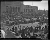 Crowd assembled in front of Los Angeles City Hall for Four Square Church parade, Los Angeles, 1936