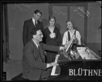 Dr. Otto Klemperer with high school contest winners Stella Mark, Miriam Edwards, and Hans Neutzel, Los Angeles, 1934