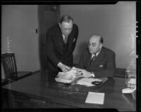 Merle L. Templeton and Murray Parsons discuss liquor control, Los Angeles, 1936