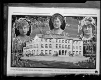 Photocollage of the Hamburger Home for Girls with portraits of founders Mrs. Jennie A. Marx, Mrs. Belle A. Nathan and Miss Evelyn Hamburger, Los Angeles, 1928