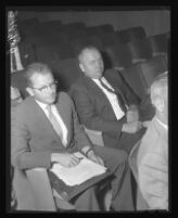 James Stafford at meeting of North Whittier Heights Board of Supervisors where his proposal to develop multi-family apartments was endorsed, 1961