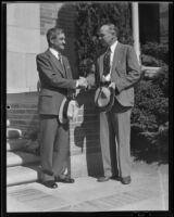 Dr. Frank J. Klingberg welcomes Dr. Leon J. Richardson to UCLA, Los Angeles, circa 1936