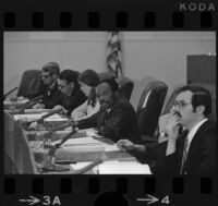 Assemblyman Willie L. Brown presides over subcommittee hearing, Los Angeles (Calif.)