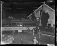 Derailed street car crashes into trolley post, Los Angeles, 1934